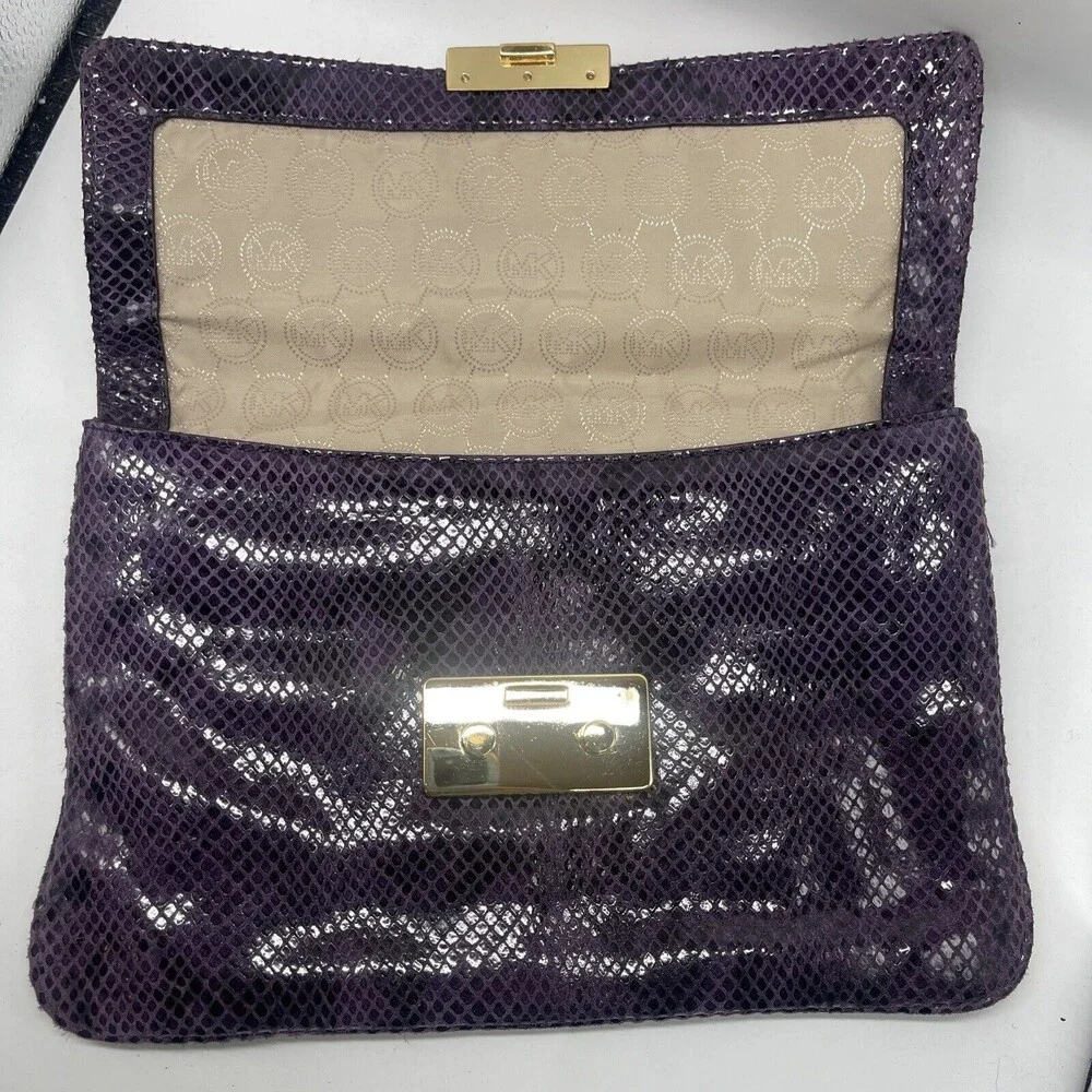 Michael Kors Sloan Purple Leather Snake Print Large Clutch
